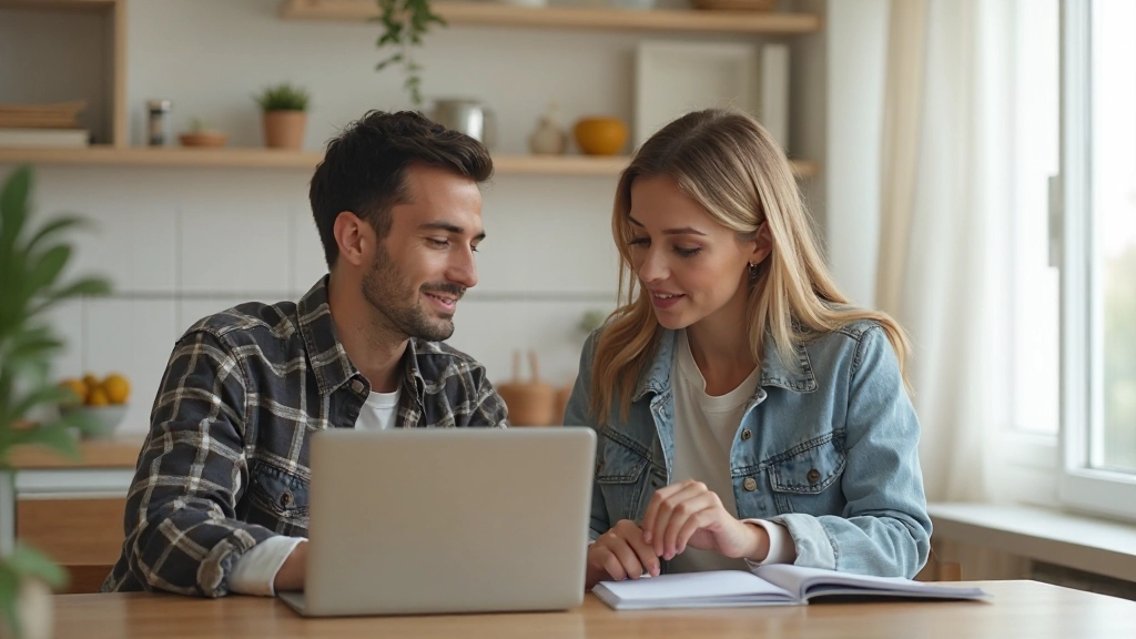 Семейное совещание по планированию бюджета с обсуждением финансовых целей и целевых показателей на ноутбуке