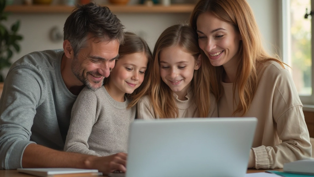 Фотография успешной семьи, улыбающейся при просмотре графиков своего финансового прогресса в домашнем офисе