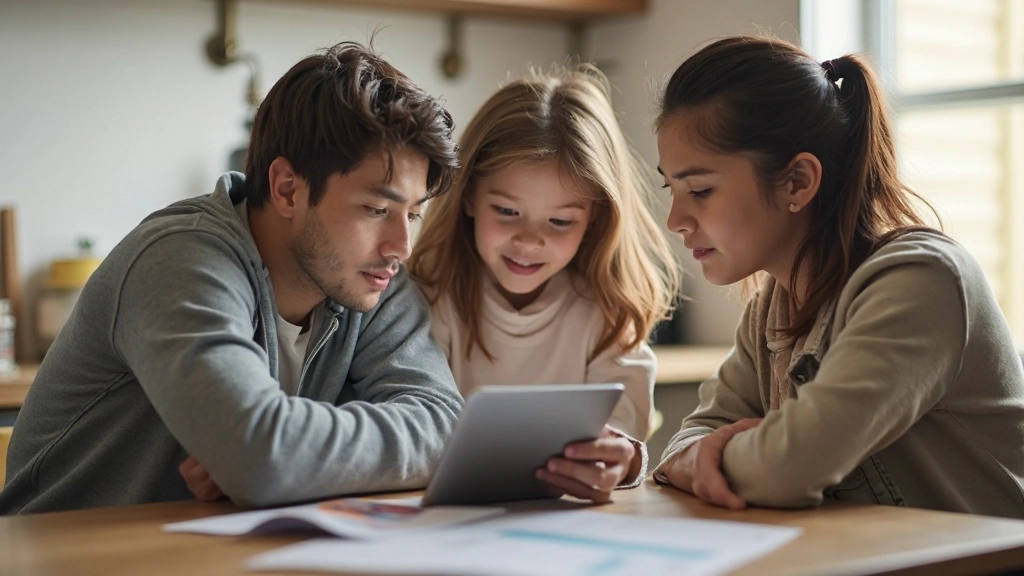 Семья рассматривает график семейного бюджета на планшете в уютной гостиной