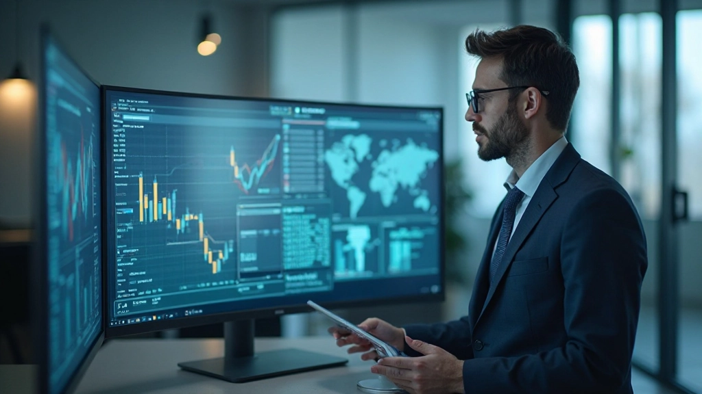 Экономист анализирует графики сбережений на интерактивном экране, финансовая визуализация данных