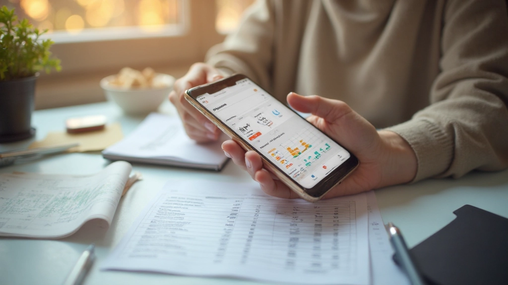 Смартфон с приложением мобильного банкинга и финансовой аналитикой на столе с квитанциями и бумажным бюджетом