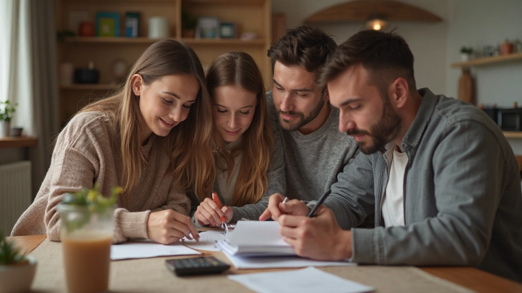 Казахстанская семья планирует бюджет за обеденным столом, калькулятор и блокнот с финансовыми расчётами