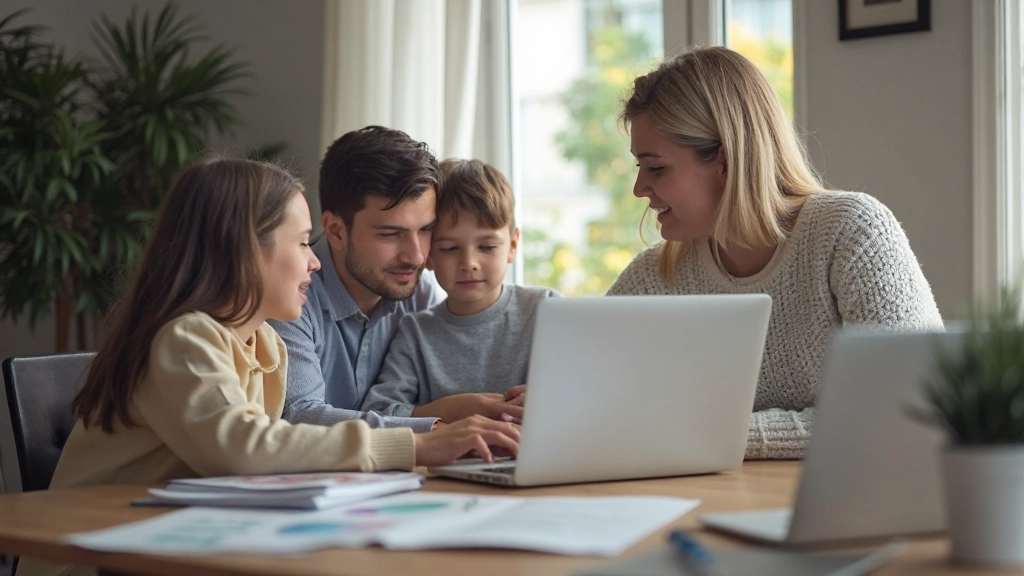 Семья казахов анализирует финансовые данные на ноутбуке дома, графики расходов и сбережений видны на экране