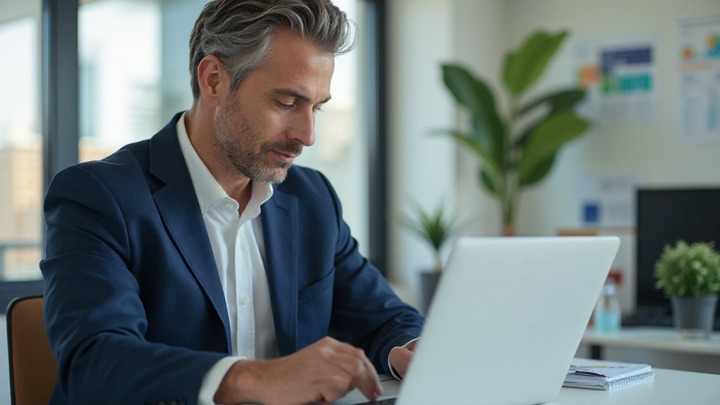 Профессиональная фотография человека, анализирующего финансовые данные на ноутбуке в современном офисе