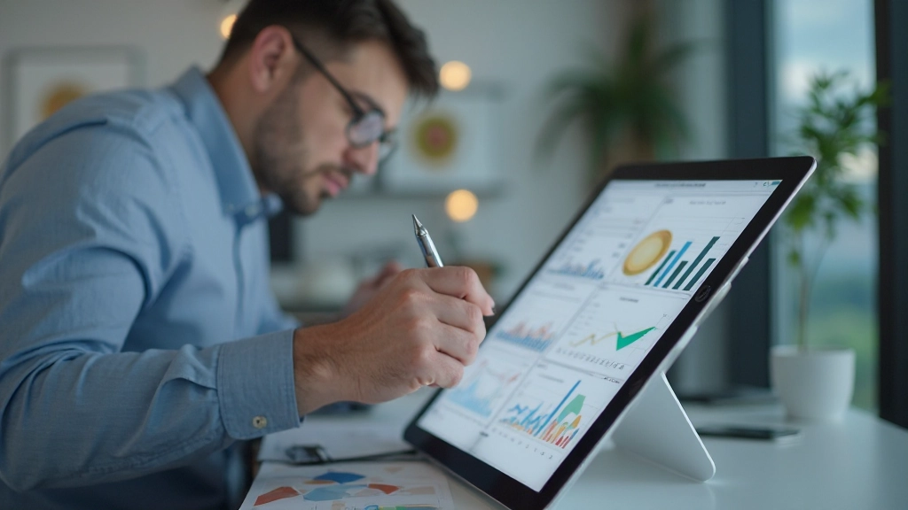 Экономист или финансовый советник анализирует графики сбережений на интерактивном экране