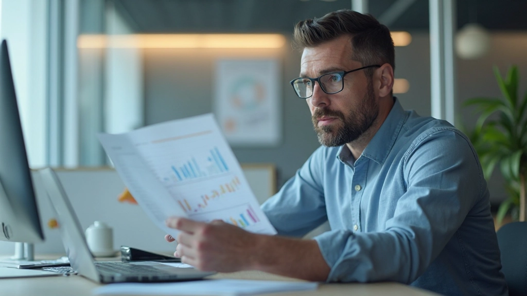 Фотография человека, размышляющего о финансовых решениях в офисной среде с графиками и данными