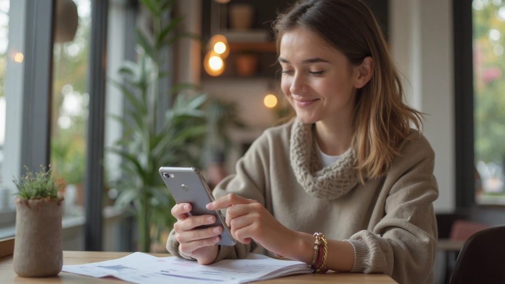 Молодая женщина проверяет мобильное приложение для управления личными финансами и сбережениями