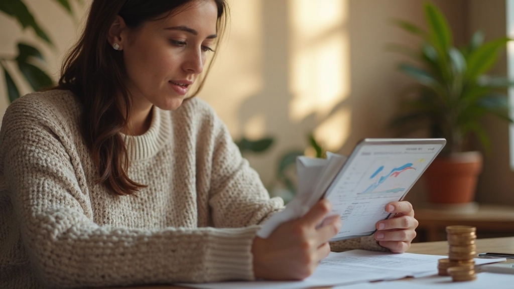 Фотография молодой женщины, рассматривающей финансовый отчет на планшете в домашнем офисе с уютным интерьером